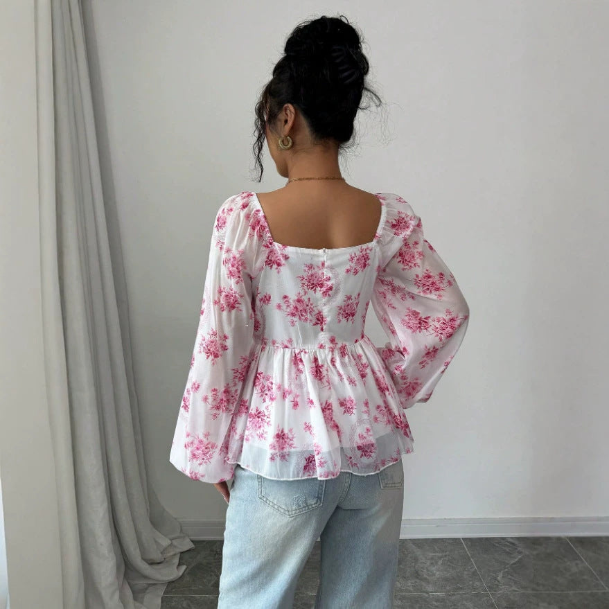 Export  cross-border women's clothing fresh and sweet fall and winter square neck puff sleeve popular floral long-sleeved tops