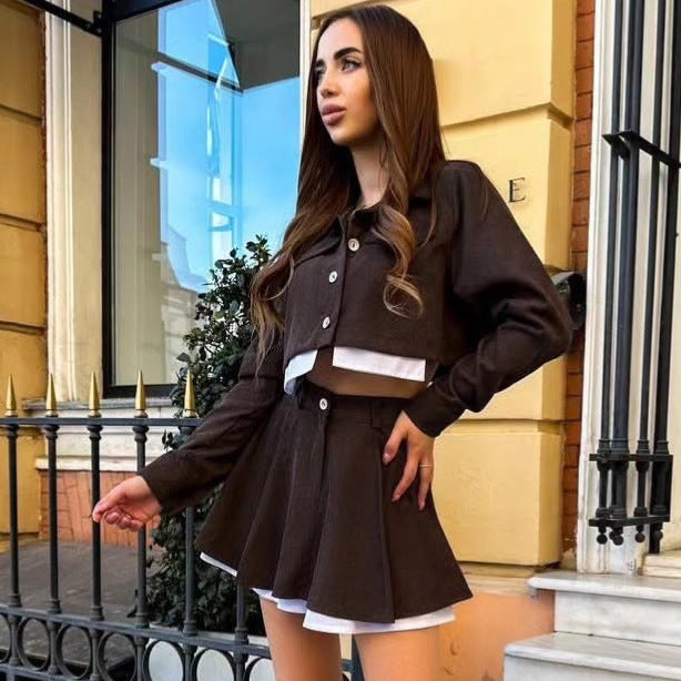 Cross-border European and American women's clothing temperament foreign style long-sleeved cardigan color matching shirt women's  fashion skirt two-piece set