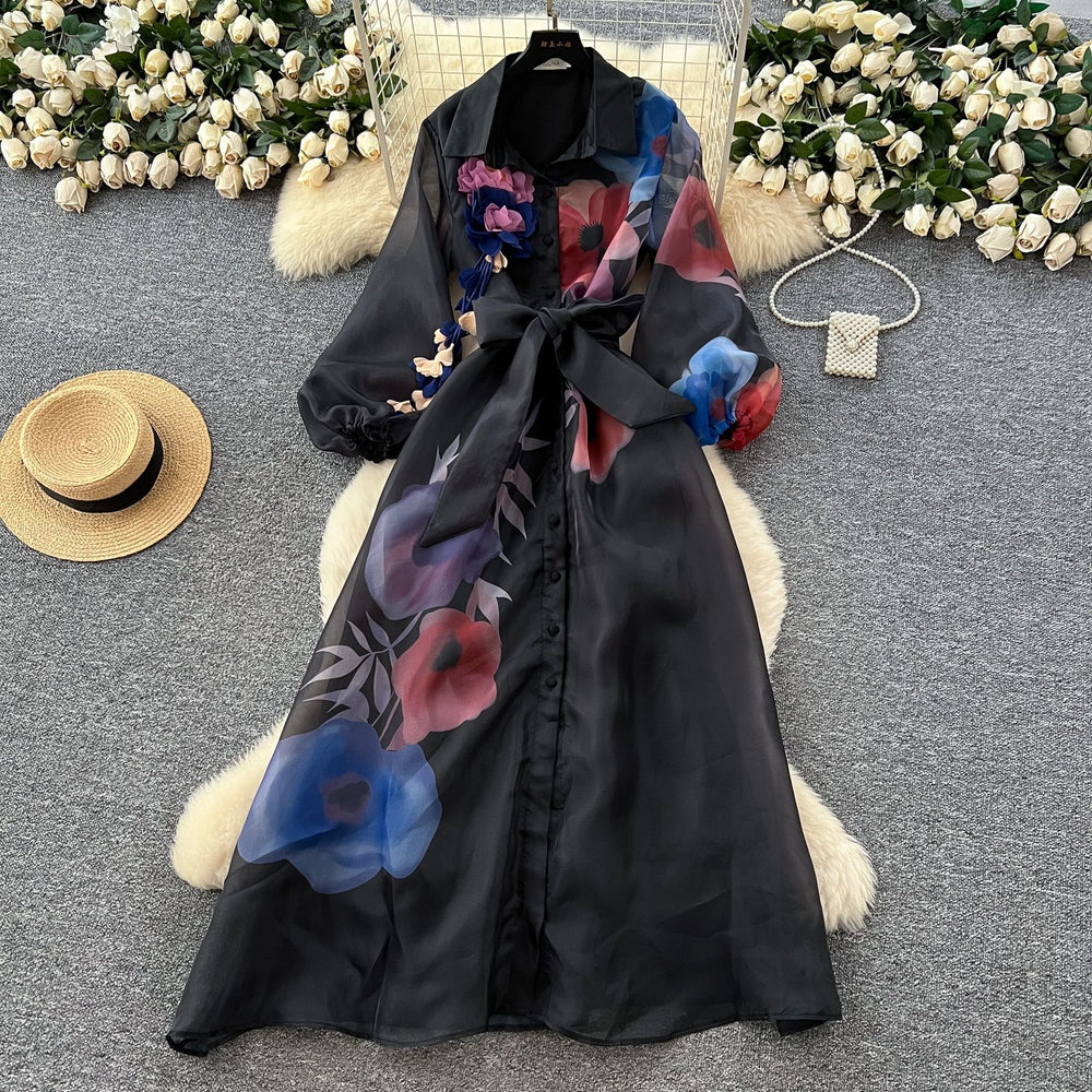 Vintage court style printed bubble sleeve dress - women's autumn tie-waist unique beautiful ethereal maxi dress