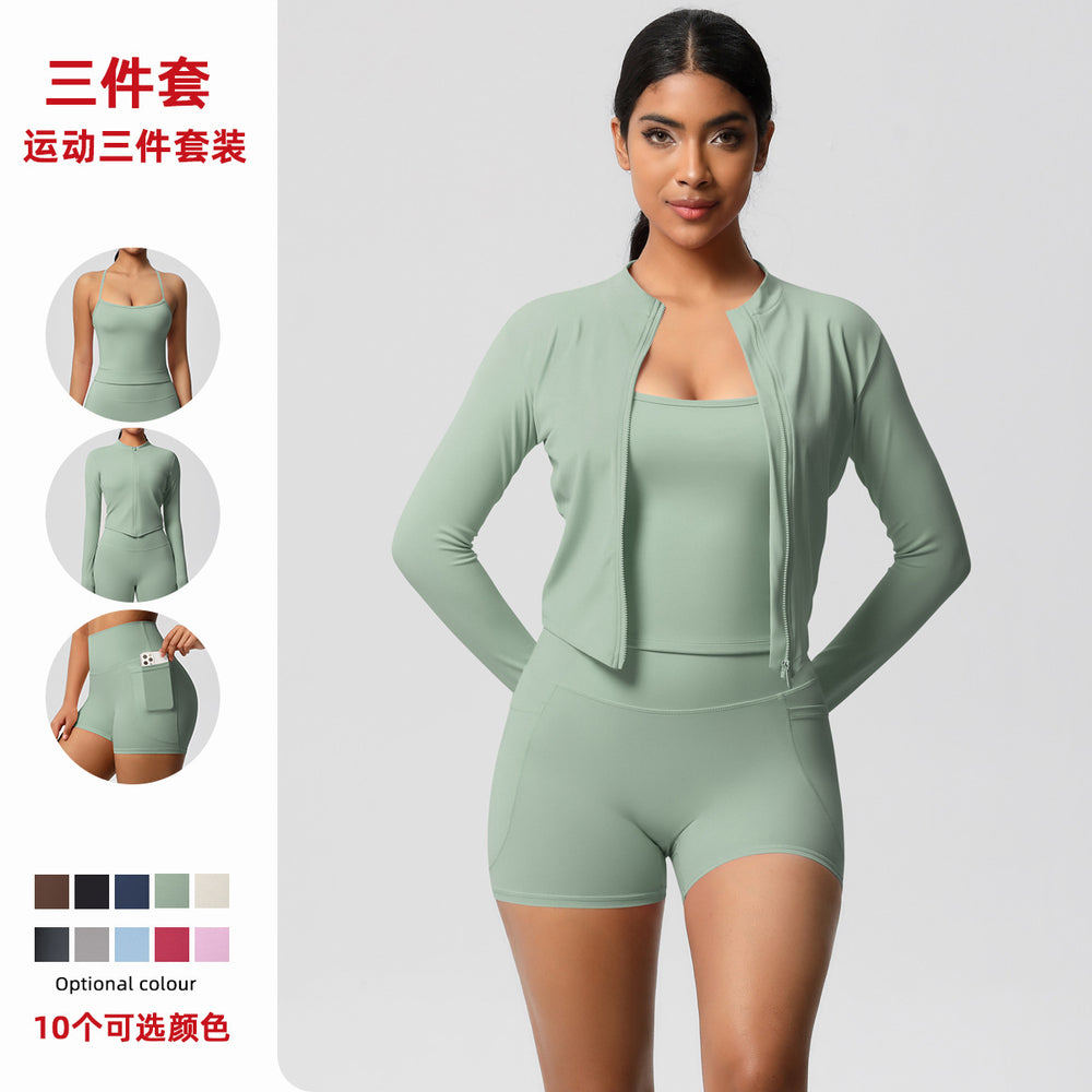 Cloud-feel outdoor leisure sports three-piece set: high-waisted, tight-fitting, pocketed, quick-dry yoga, pilates, running, and fitness apparel