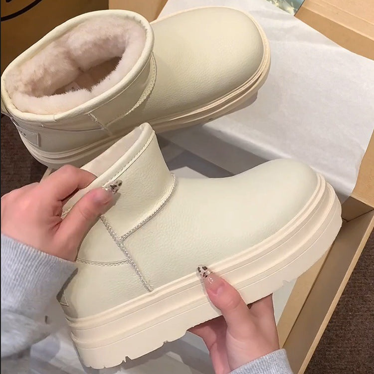 Bread snow boots for women winter2026new arrivalfleece-linedthickened leather short boots thick sole cotton boots waterproof cotton shoes