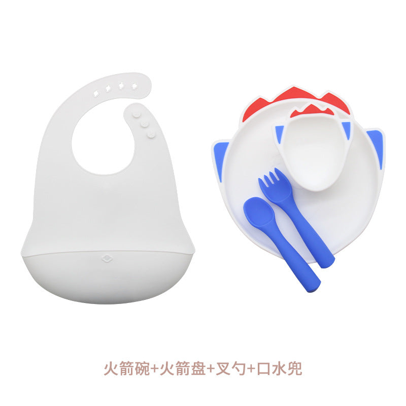 Customized silicone plate set, anti-drop baby bowl saliva pocket, multi-color cute style children's tableware set