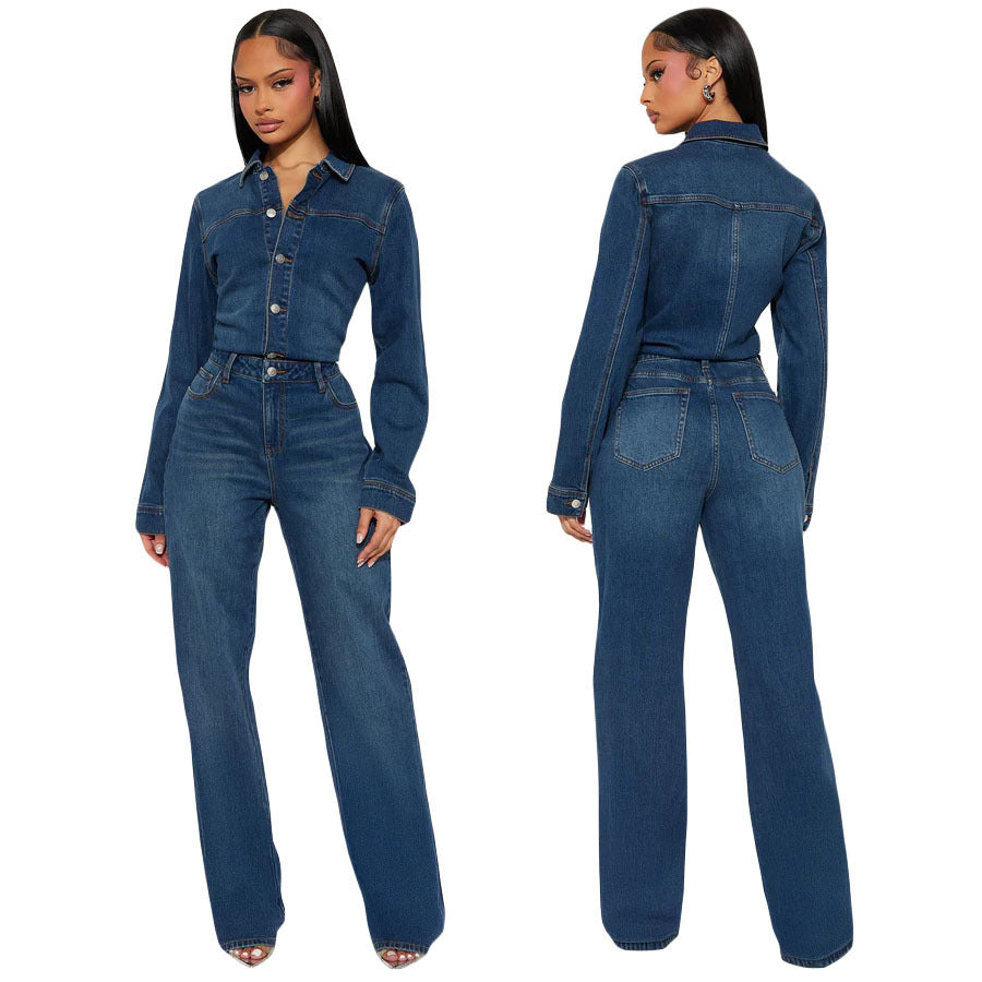Fashion jumpsuit women's new arrival hot-selling elastic silmslimming look jumpsuit washed elegantwork clothing denim jumpsuit