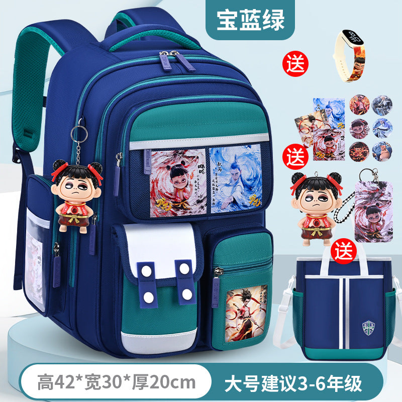 New nezha backpack for boys and girls, grades 1-6: spine protection, lightweight design, and extra-large capacity