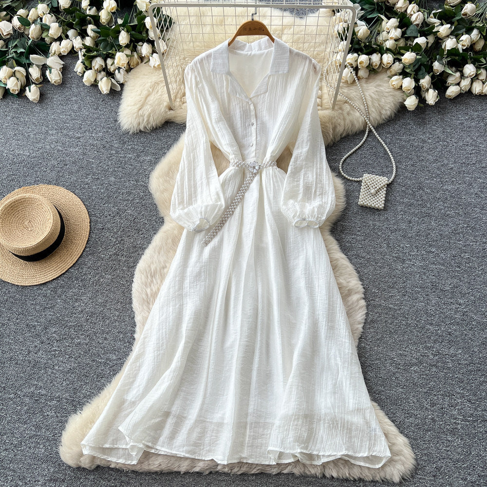 Korean style commute blue ruched long sleeve dress - women's summer slimming a-line elegant maxi dress
