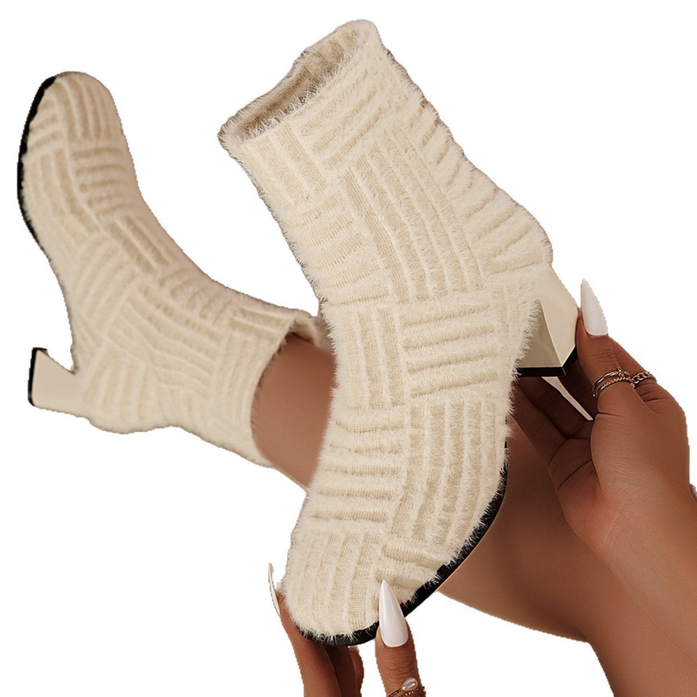 plus size women's fall and winter new arrivalknitting high-heeled stuffed short boots pure color, round toe thick heel elastic women's fur boots