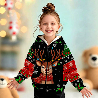 Kids' hoodie jacket, cross-border hot-selling animal christmas print girls' fashion zip-up sweatshirt, dropshipping available