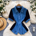 Lazy feeling work clothing style patchwork denim shirt for women summerk-style short-sleeved waist-cinching light mature niche stylesense of designtops