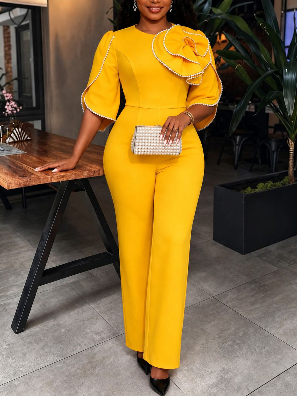 Autumnew arrivalelegancework clothingjumpsuits pure colorstereo flowerlace edgeslimming lookjumpsuits