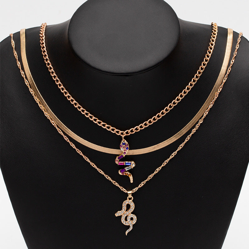 Double layer snake-shaped diamond necklace wholesale european and american cross-border pendant ins creative stylish punk thick chain clavicle chain for women