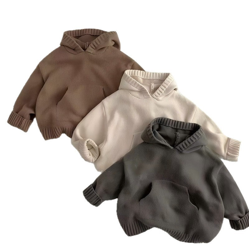 Hoodie: practical, stylish korean-style kids' sweater for autumn and winter. chic solid color, retro casual knit hoodie for baby boys and girls