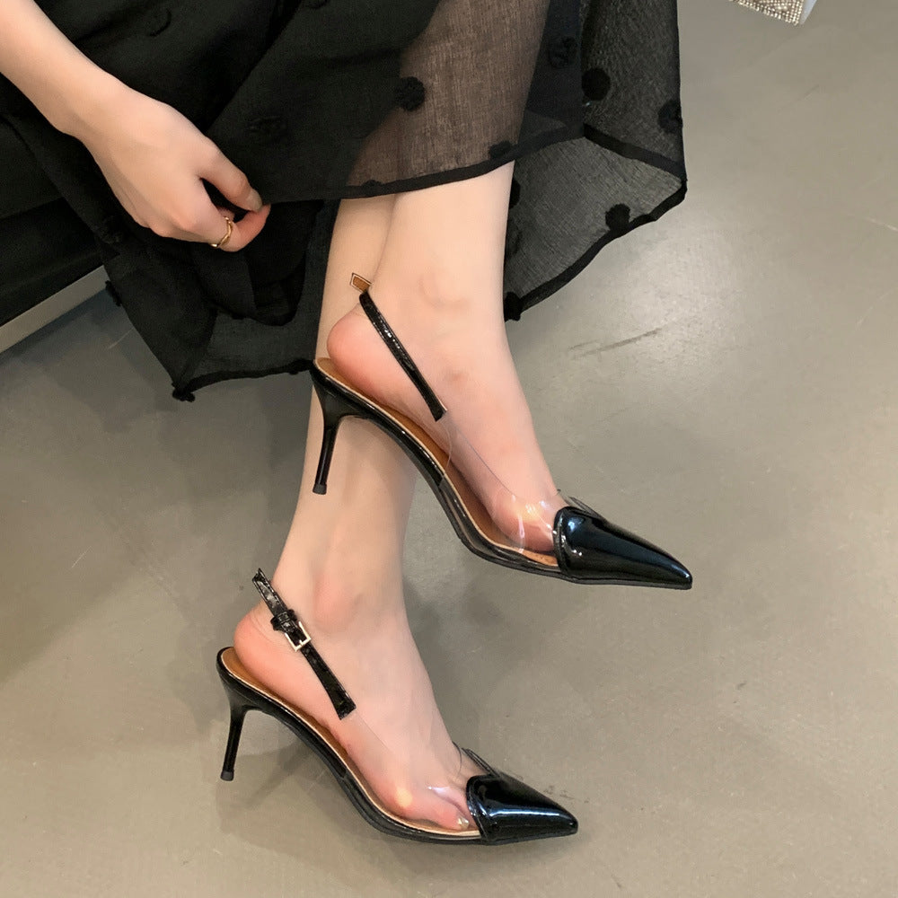 Pointed-toe stiletto sandals for women, 2026 heart-patterned patent leather, transparent open-back, single-strap buckle high heels, wholesale summer quick return