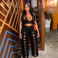 C7712 cross-border   fashion women's fashion trendy eyelet loose straight wide leg pants suit