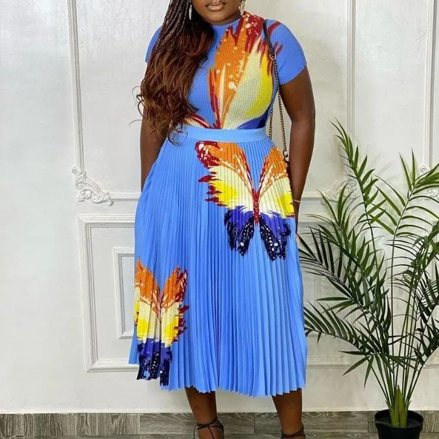 Q067 european and american style women's clothing  new fashion printed top and pleated high-waisted midi skirt two-piece set for export