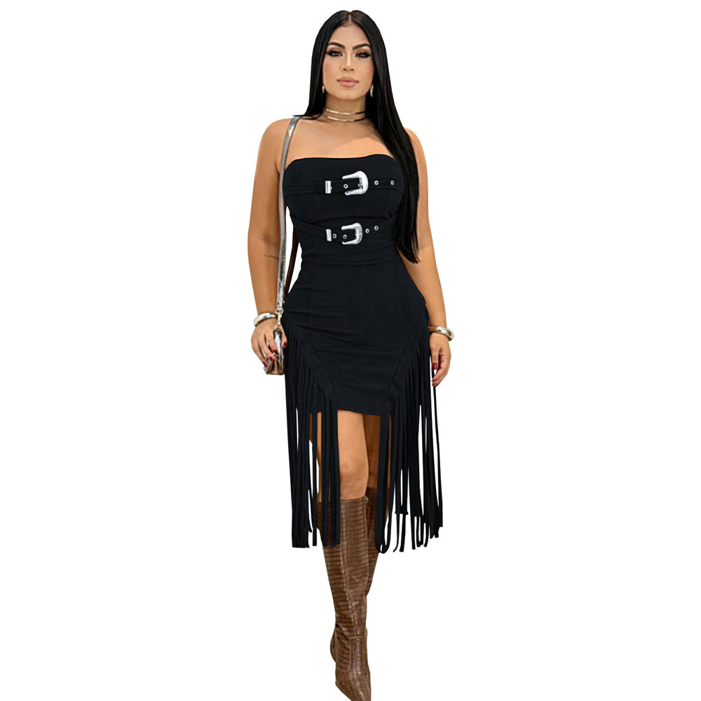 C7426 cross-border   fashion women's sexy sleeveless bandeau backless tassel dress