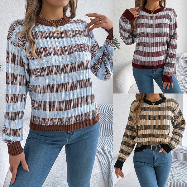Real shot 2025 autumn and winter European and American crew neck retro striped lantern long-sleeved pullover sweater, independent station  women's clothing