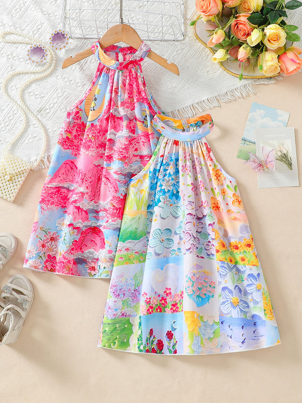 Exportgirldresshalter sleeveless oil painting style printing sling k-style vacationkidssummer vest skirt