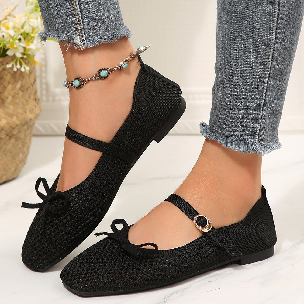 Wholesale women's spring  new mesh mary janes: flat, single-strap, buckle-back shoes with bow detail
