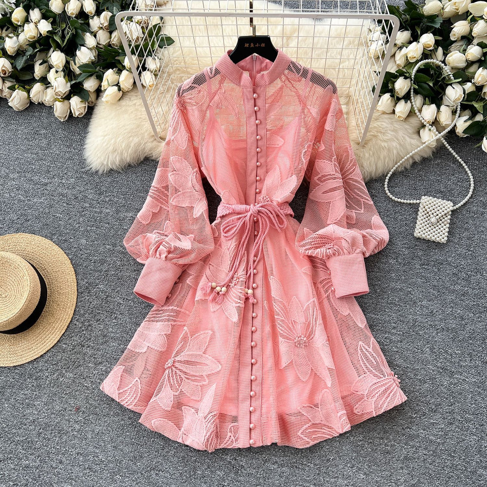 French high-end elegant women's dress - court style tie-waist, hollow-out embroidery, single-breasted a-line skirt