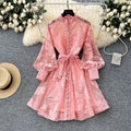 French high-end elegant women's dress - court style tie-waist, hollow-out embroidery, single-breasted a-line skirt