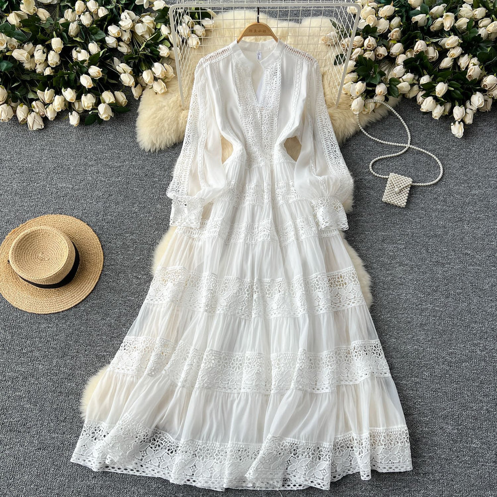 Frenchretrov necklacepatchwork waist long sleeves large swing dress women slimming lookclassyelegancelong skirt