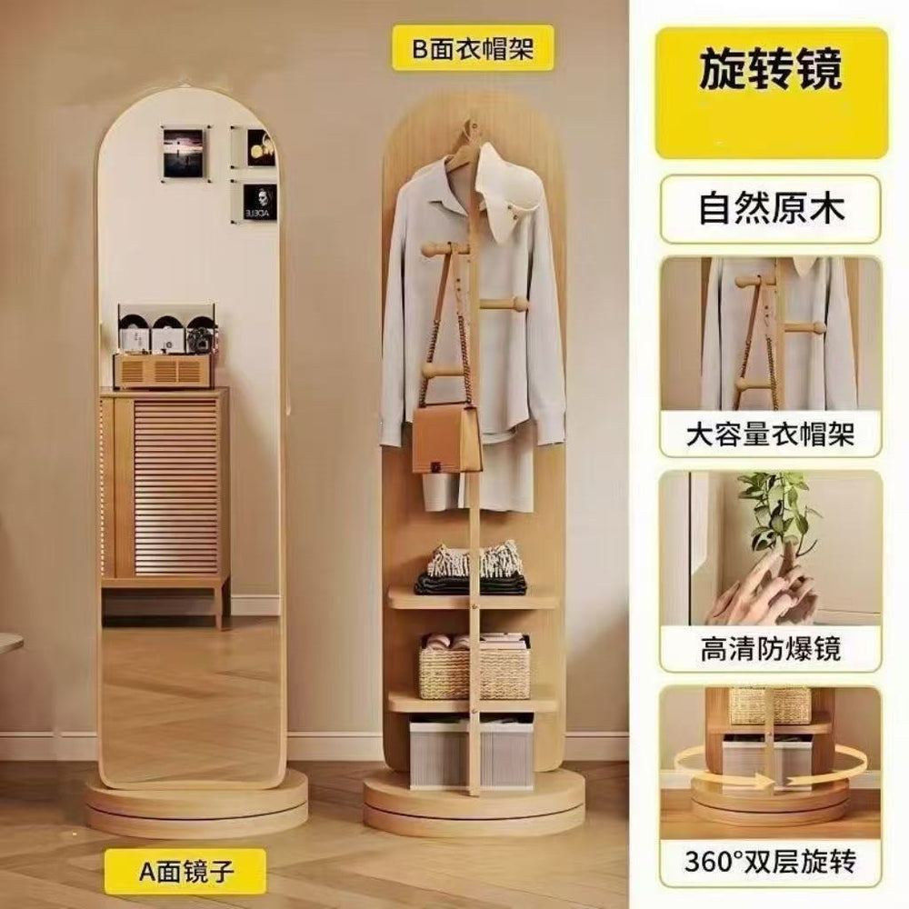 Rotating full-length mirror floor mirror for home bedroom movable try-on large mirror with coat rack all-in-one full-length mirror