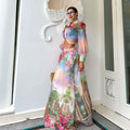 Elegant and chic printed set for women: european and american style lantern sleeve button-down blouse + high-waisted flared midi skirt