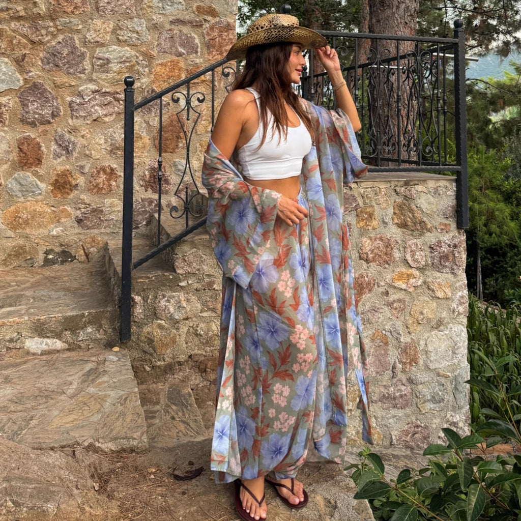 Cross-border European and American suit women's long-sleeved cardigan printed shirt wide-leg trousers  new holiday style two-piece set women