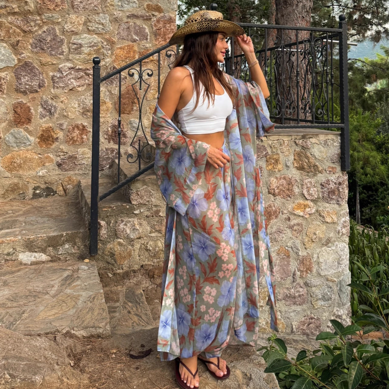 Cross-border European and American suit women's long-sleeved cardigan printed shirt wide-leg trousers  new holiday style two-piece set women