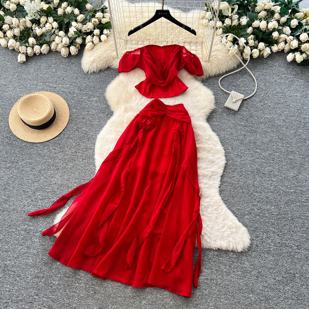 French red 3d floral ribbon two-piece set: women's summer chic slimming tank top and midi skirt commute outfit