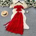 French red 3d floral ribbon two-piece set: women's summer chic slimming tank top and midi skirt commute outfit