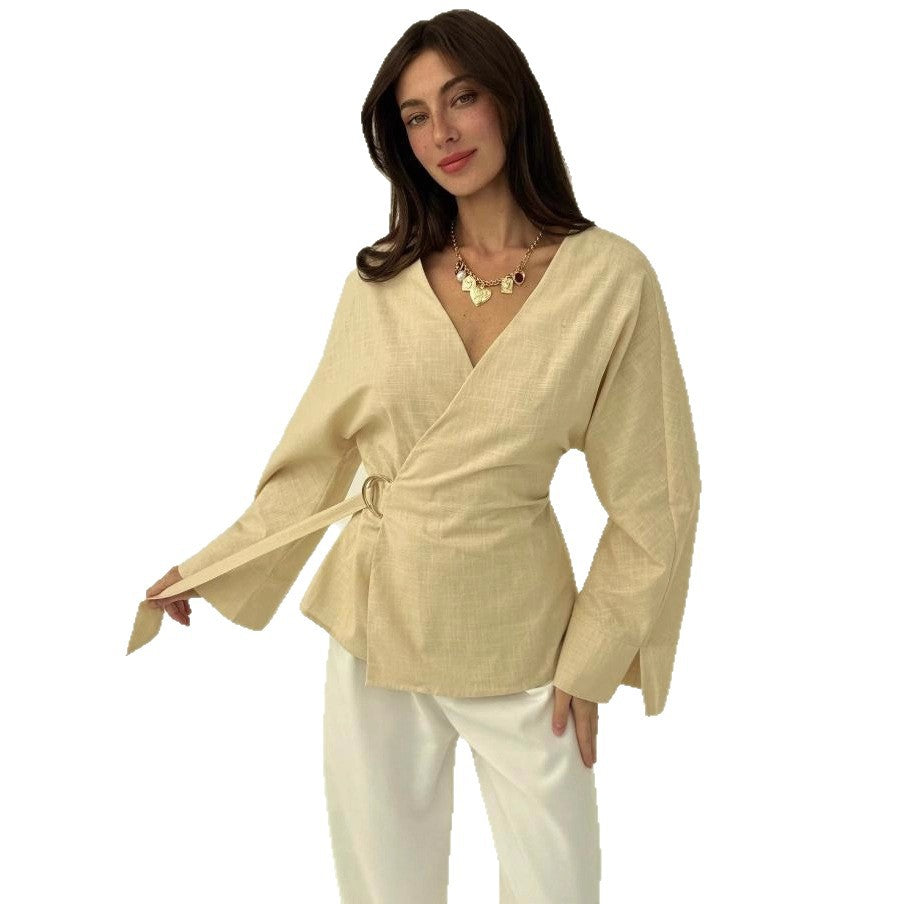 summer new arrival: solid color v-neck long sleeve tie-up top with elastic waist casual women's blouse for cross-border wholesale