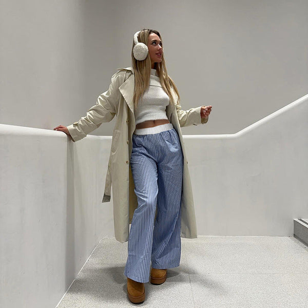 Cross-border European and American style women's clothing contrasting colors splicing high waist basic striped trousers new street fashion loose casual trousers