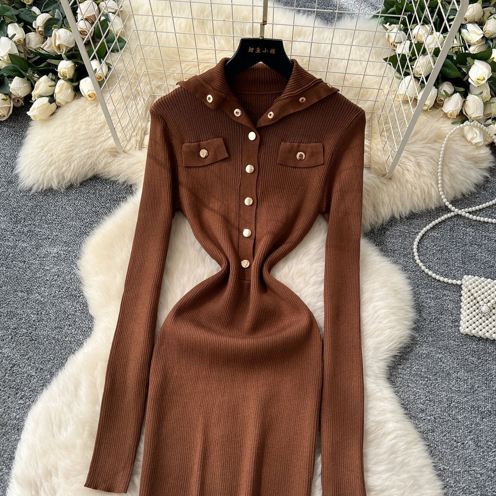 Elegant and chic metallic buckle collar long sleeve dress - women's slim-fit knit maxi dress for autumn