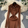 Elegant and chic metallic buckle collar long sleeve dress - women's slim-fit knit maxi dress for autumn