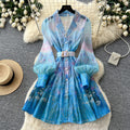 French romantic gradient print dress - women's summer long sleeve single-breasted cinched waist tie elegant maxi dress