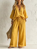 European and american cross-border e-commerce women's new bohemian style lace-trimmed v-neck top and wide-leg pants two-piece set
