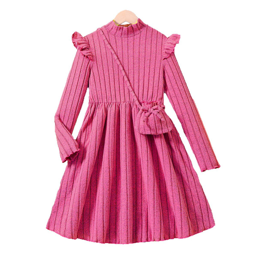 girldress peach pink autumlong sleevesknitting pit stripes flying sleeve skirt with shoulder bag kids long skirt
