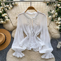 French court style ruffle-trimmed bell sleeve chiffon blouse - women's summer, elegant, and figure-flattering top with tie waist