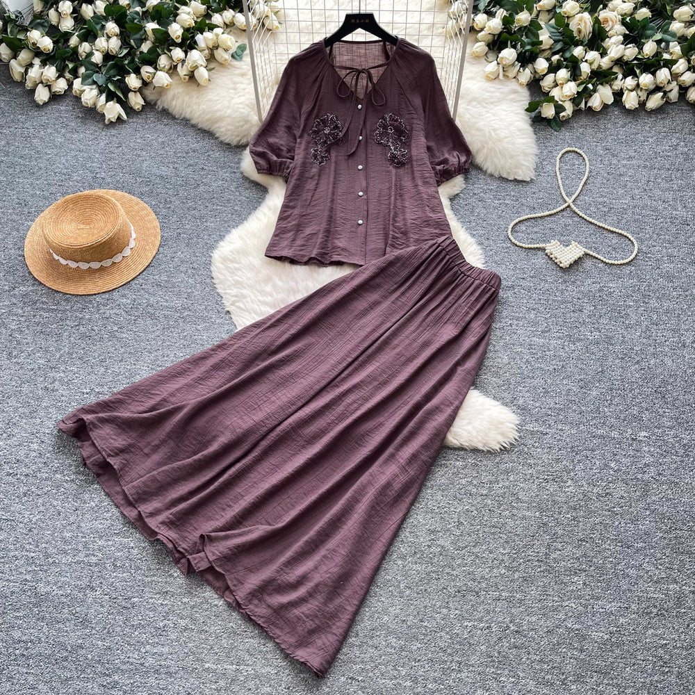 French chic embroidered blouse and high-waisted midi skirt two-piece set - women's summer commute style, slimming and elegant outfit