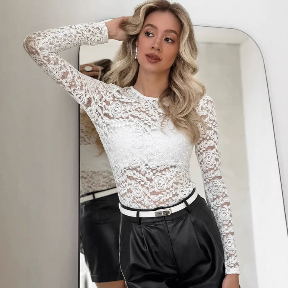 Cross-border European and American fashion white knitted lace T-shirt women's spring inner pullover round neck long-sleeved bottoming shirt women's clothing