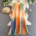Miura pleated colorfuldress female round neck lantern sleeve looseelegance vertical stripes belly-covering slimming look over-the-knee skirt