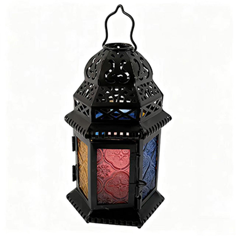 Moroccan iron candlestick, stained glass lantern, garden decor, home decor ornament, housewarming gift