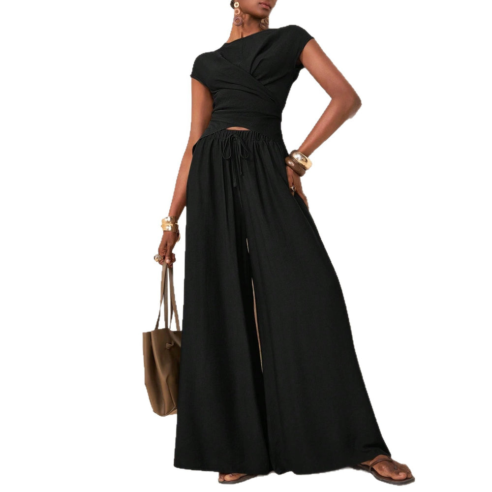 Amazon independent station  cross-border women's cross wrap asymmetrical design tops high waistloose pants