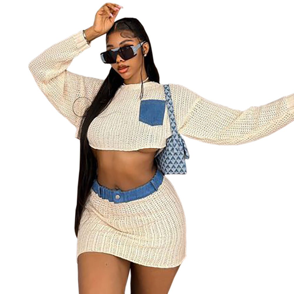 European and american cross-border women's fashion:  hot girl style sexy dress set - new spliced sheer mesh two-piece outfit