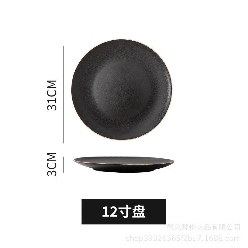 Creative black matte steak plate, japanese-style western dinner plate, commercial ceramic shallow dish for hotel and restaurant use, microwave safe