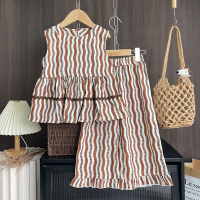 fashion girlsuitsummernew arrivalwavestripesprinting vest pantstwo-piece setchildren's clothing