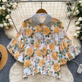 Vacation style heavy industry diamond-encrusted doll collar lantern sleeve printingshirt women's summer short-sleeved looseslimming lookcardigantops