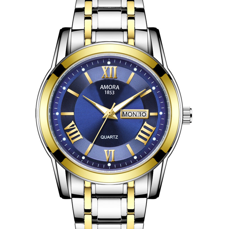 Business gold classic roman style watch stainless steel dual calendar non-mechanical waterproof quartz men's wristwatch - custom logo available