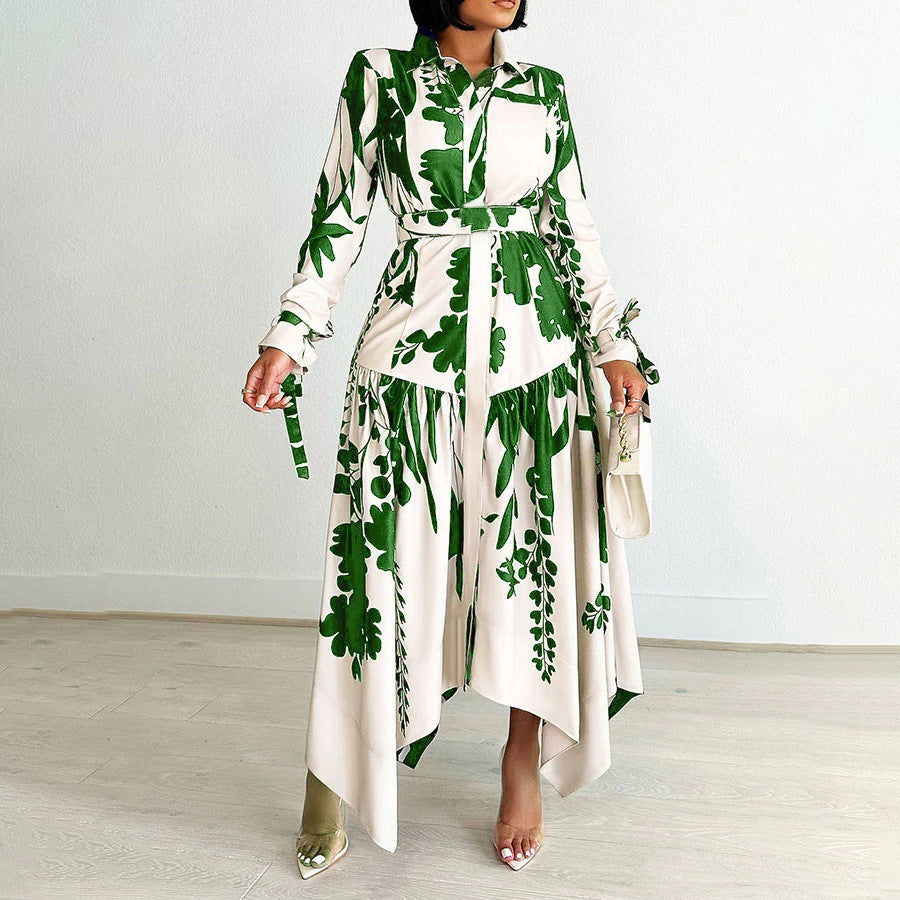 European and american export women's summer new fashionable elegant printed turn-down collar long sleeve irregular skirt printed european and american dress